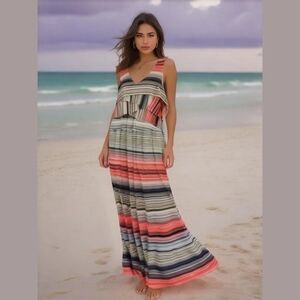 One World Striped Ruffle Multicolored Sleeveless V-Neck Maxi Dress
